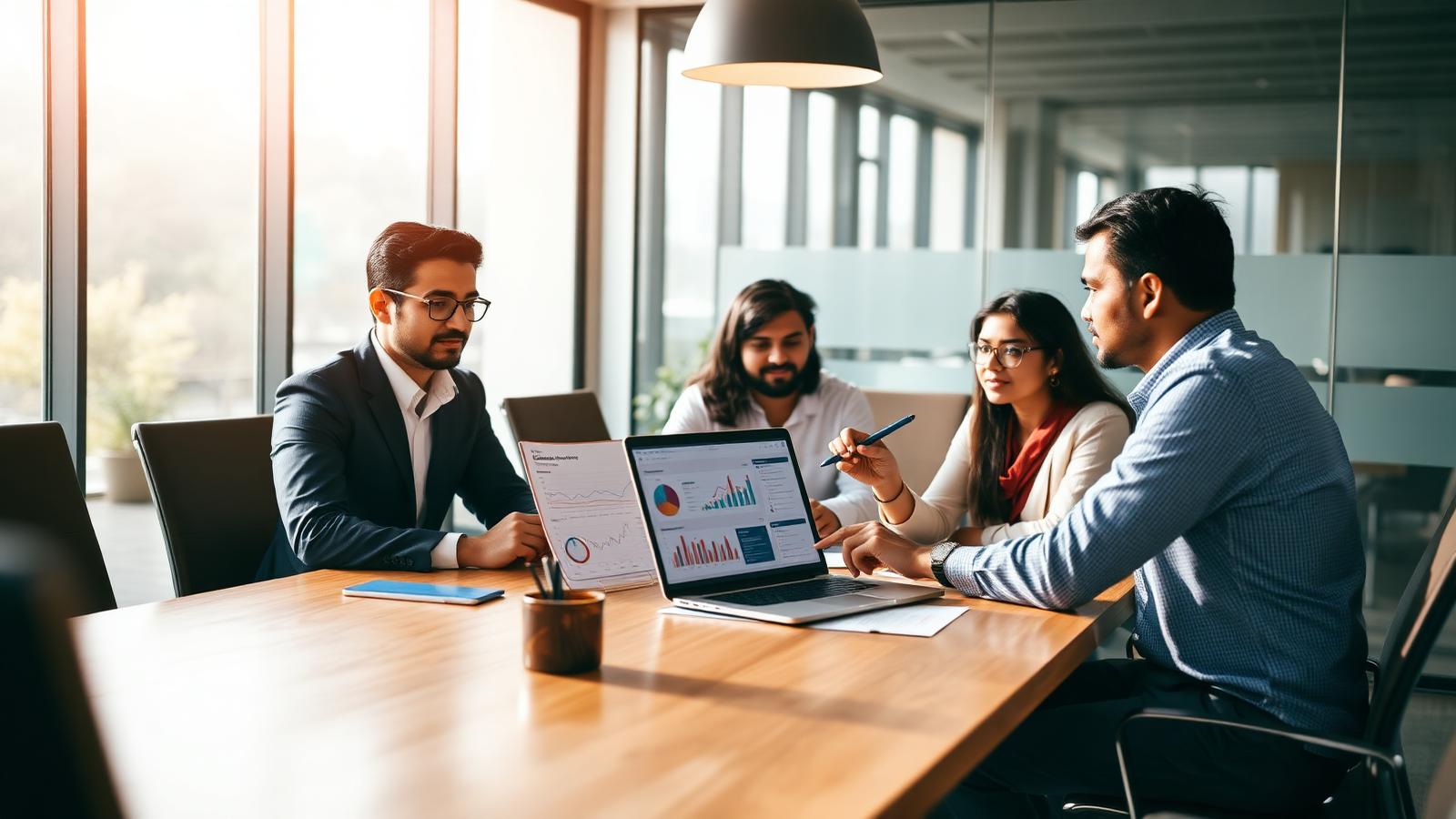 Consultants in a strategy meeting with data charts