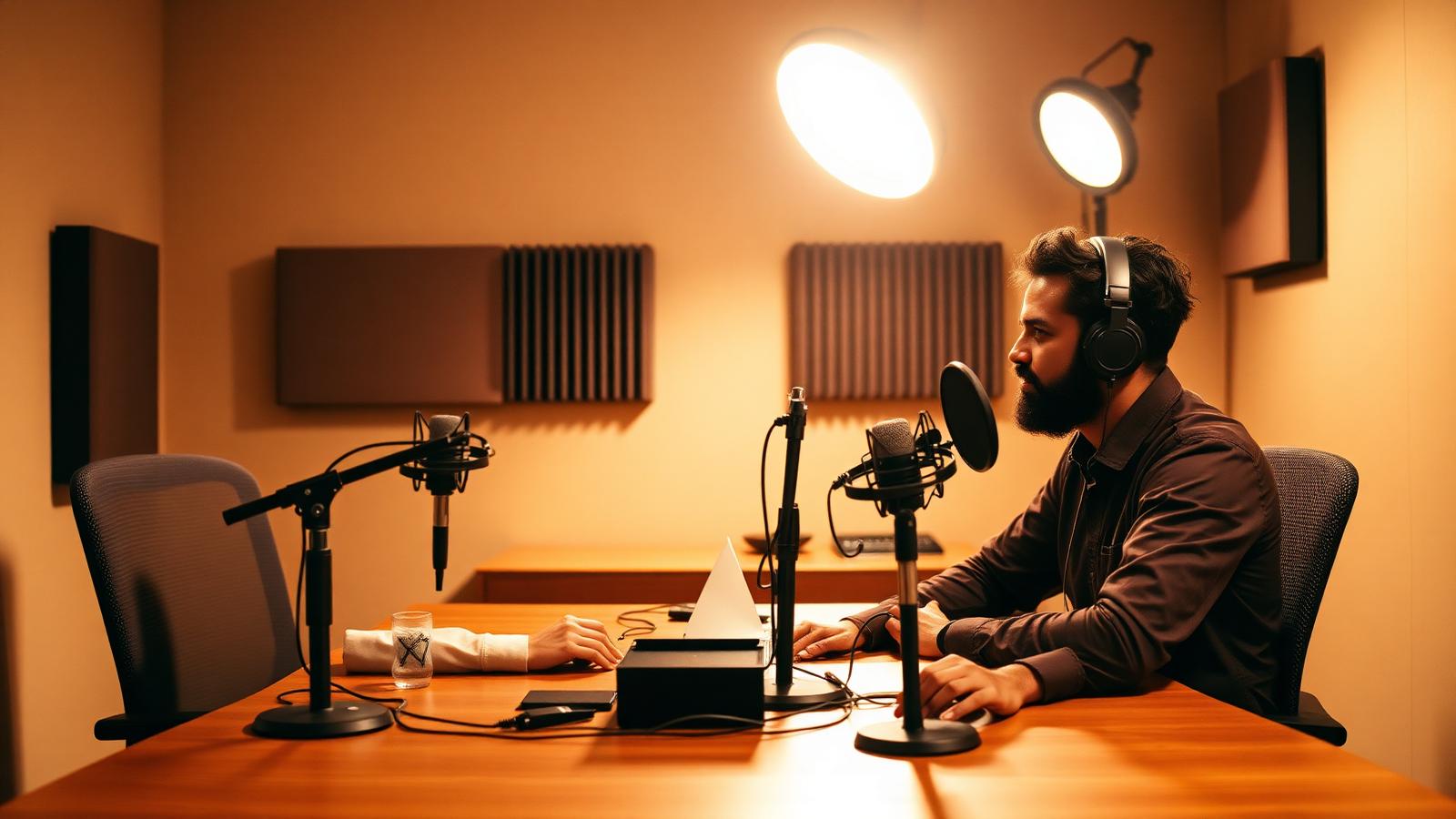 Podcast and content creation studio with microphones and lighting